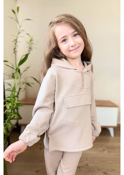 Taş Işlemeli Kapüşonlu Kız Çocuk takım - Krem modelleri