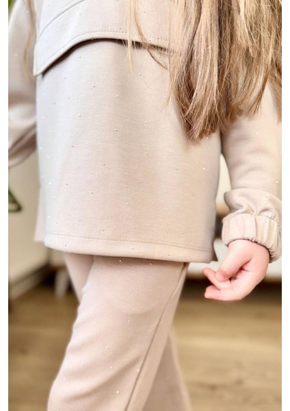 Taş Işlemeli Kapüşonlu Kız Çocuk takım - Krem fırsatları