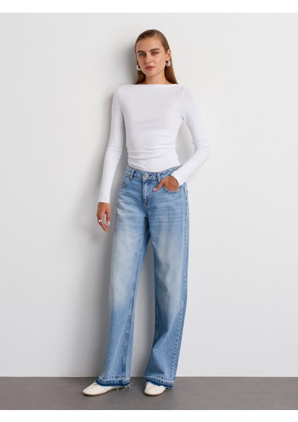 72052 Paça Ucu Izli Orta Bel Denim Pantolon-Mavi