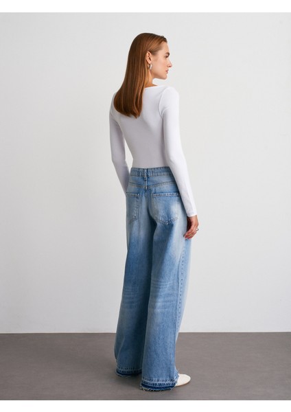 72052 Paça Ucu Izli Orta Bel Denim Pantolon-Mavi fiyatları