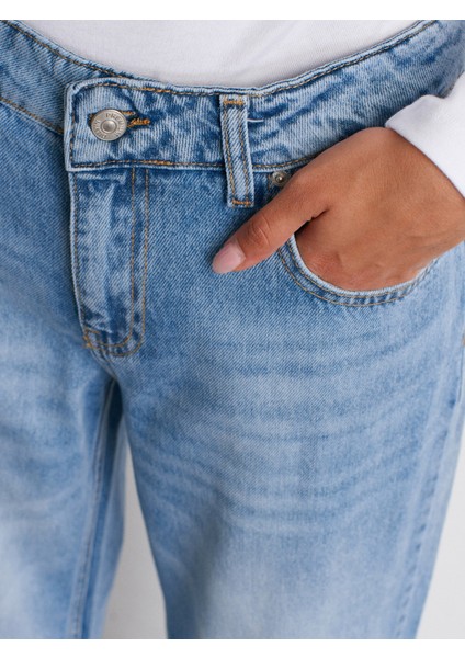 72052 Paça Ucu Izli Orta Bel Denim Pantolon-Mavi fırsatları