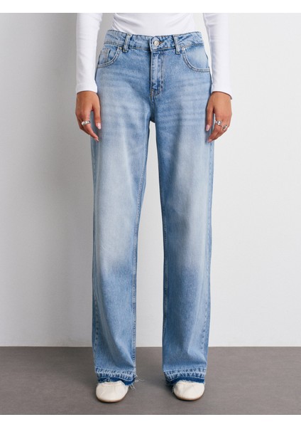 72052 Paça Ucu Izli Orta Bel Denim Pantolon-Mavi indirimleri