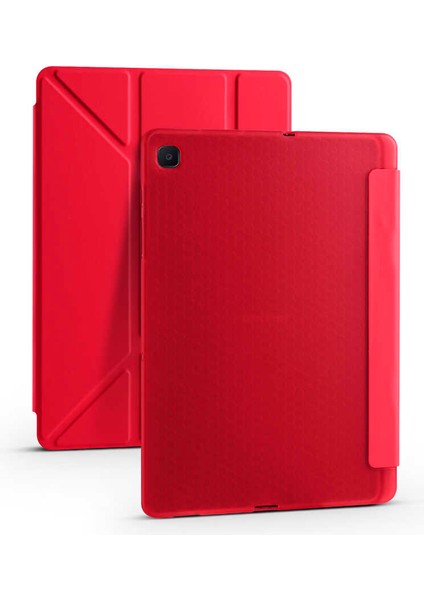 Galaxy Tab A7 10.4 T500 2020 Kılıf Uyumlu Tygo Tri Folding Kalem Bölmeli Standlı Kılıf-Kırmızı