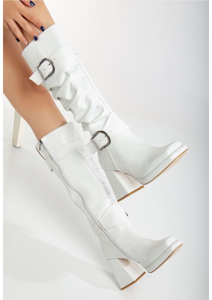 Janelle Beyaz Cilt Körüklü Küt Burun Kadın Topuklu Platform Çizme