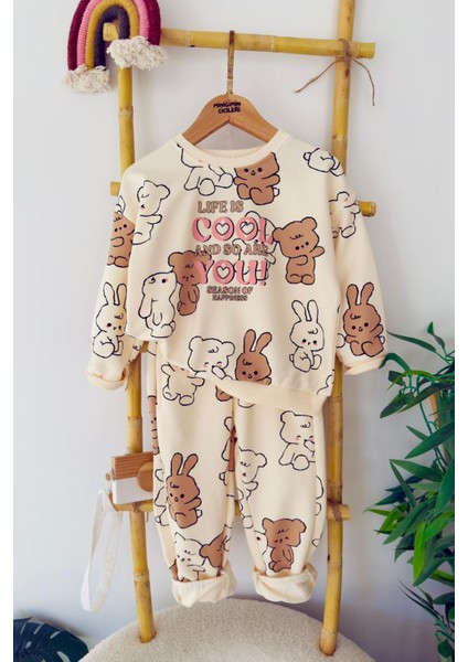 Cool You Tavşan Baskılı Kız Çocuk Pamuklu takım - Krem