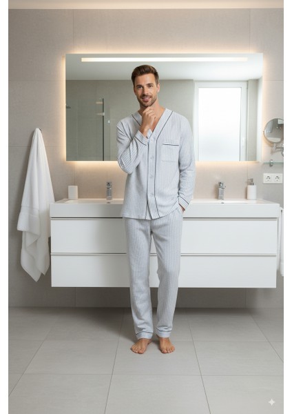 Erkek Pijama Takımı %100 Ipek Kumaş Klasik Model Cepli Rahat Tam Kalıp fırsatları