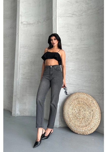 Mom Fit Enzim Taş Yıkama Jeans Pantolon Füme D2006