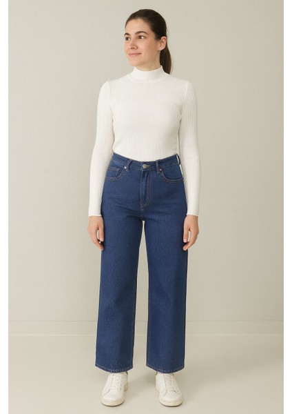 Kadın-Geniş Paça Esnek Likrakı Kot Pantalon