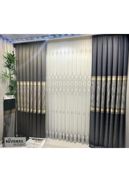 Nivemeshome Milano 4014 Gümüş Detaylı 1/3 Sık Pileli Tül Perde Apm