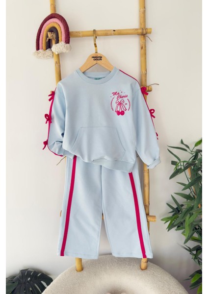 Kiraz Baskılı Fiyonk Detaylı Kız çocuk takım - Mavi