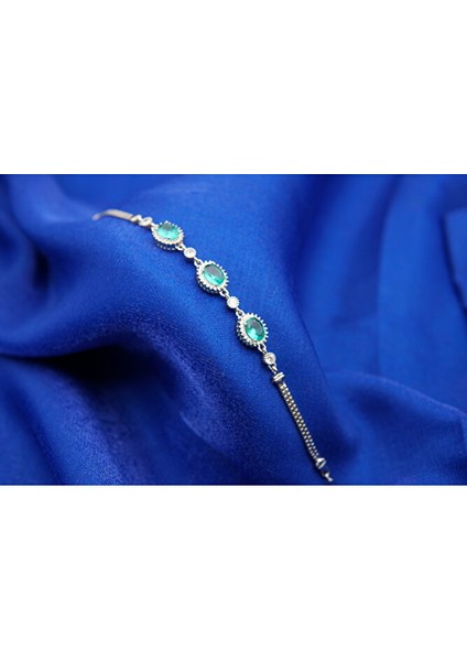 925 Ayar Gümüş 3'li Zirkon Yeşil Taşlı Kadın Bileklik SB00043 modelleri