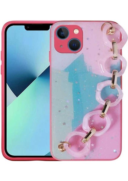 iPhone 13 Uyumlu Simli Desenli El Askılı Tutacaklı Tygo Elsa Silikon Kapak-Pembe Koyu