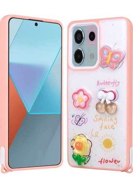 Xiaomi Redmi Note 13 Pro 5g Kılıf Parlayan Sıvılı Simli Kabartma Figürlü Tygo Cevze Kapak-Pembe