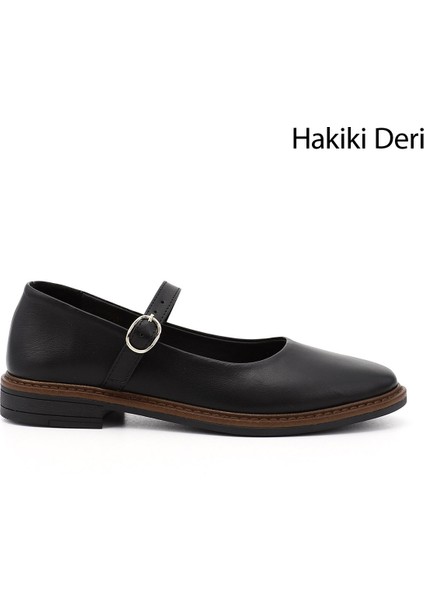 Kadın Siyah Kısa Kalın Topuklu Mary Jane Hakiki Deri Babet