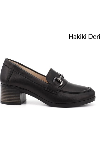 Kadın Siyah Kısa Kalın Topuklu Hakiki Deri Ayakkabı