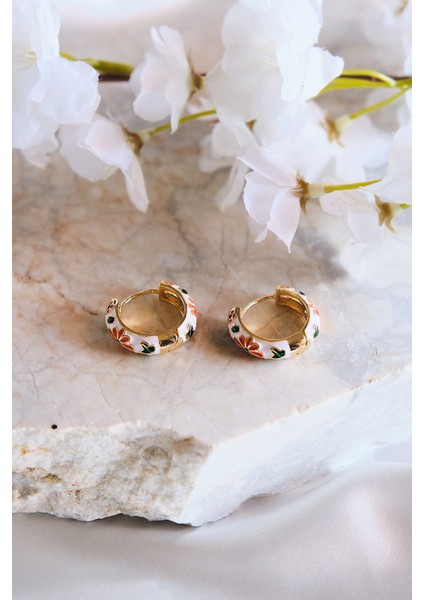 Daisy Beyaz Turuncu Mineli Halka Çelik Küpe modelleri