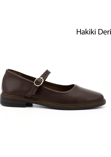 Kadın Kahve Kısa Kalın Topuklu Mary Jane Hakiki Deri Babet