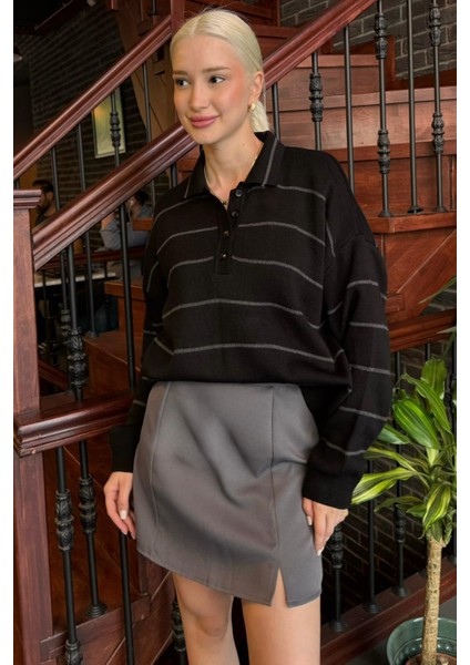 Siyah Çizgili Polo Yaka Kadın Triko Kazak MG2470