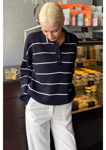 Lacivert Çizgili Polo Yaka Kadın Triko Kazak MG2470 fiyatları