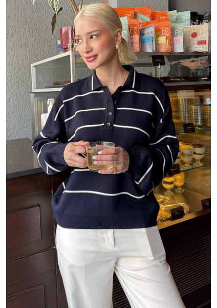 Lacivert Çizgili Polo Yaka Kadın Triko Kazak MG2470 fırsatları