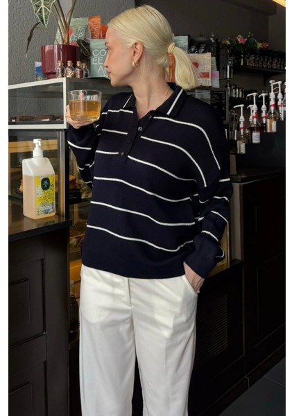 Lacivert Çizgili Polo Yaka Kadın Triko Kazak MG2470 indirimleri