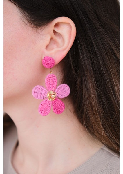 Mor Pembe Hasır Kaplama Sallantılı Papatya Exclusive Küpe