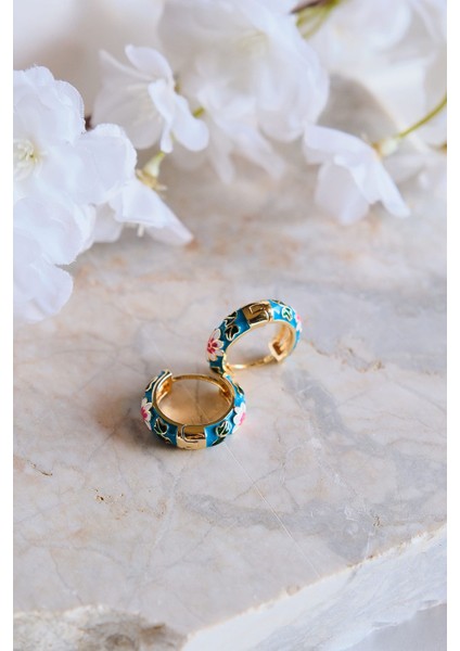 Daisy Mavi Beyaz Mineli Halka Çelik Küpe