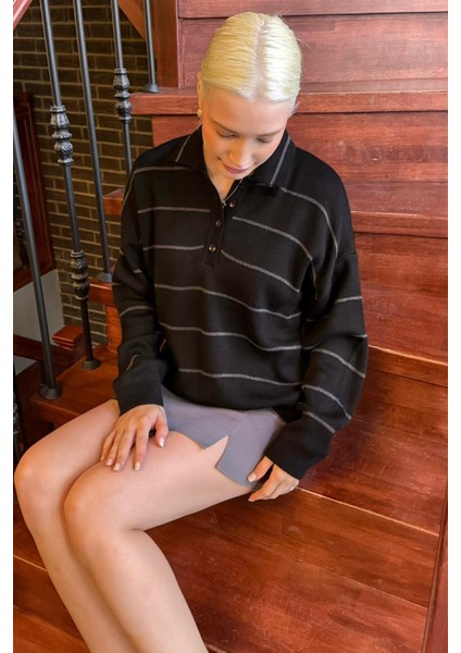 Siyah Çizgili Polo Yaka Kadın Triko Kazak MG2470 fırsatları