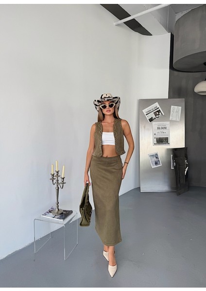 Kadın Suni Süet Yırtmaçlı Esnek Uzun Etek