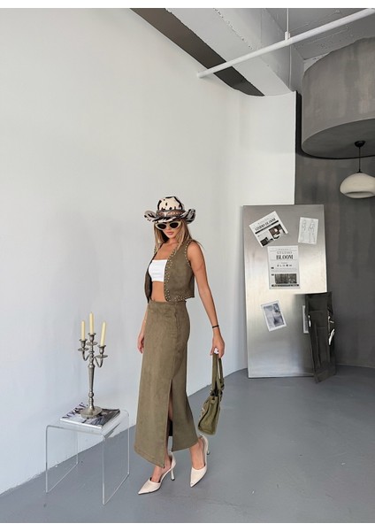 Kadın Suni Süet Yırtmaçlı Esnek Uzun Etek fiyatları