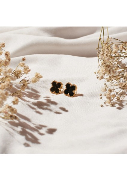 Altın Kaplama Siyah Renk Çelik Cleef Küpe