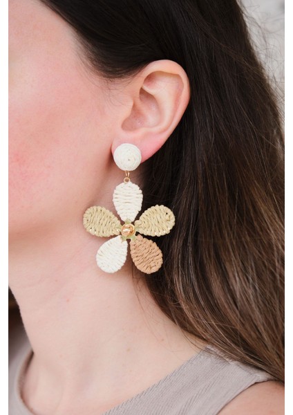 Bej Kahve Hasır Kaplama Sallantılı Papatya Exclusive Küpe fiyatları