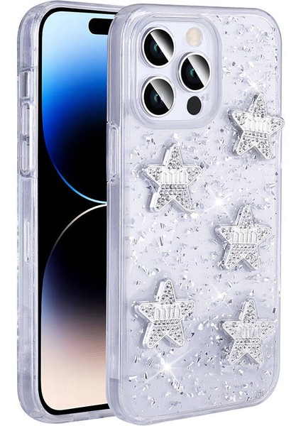 Apple iPhone 14 Pro Max Kılıf Airbagli Simli Arka Yüzey Khyr Işıltı Silikon Kapak-Beyaz-Yıldız