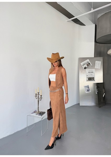 Kadın Suni Süet Yırtmaçlı Esnek Uzun Etek