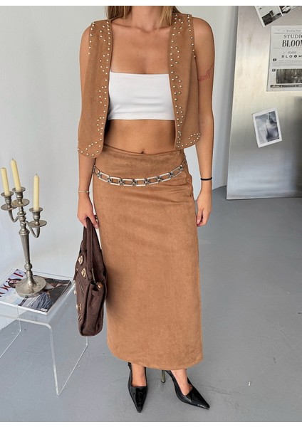 Kadın Suni Süet Yırtmaçlı Esnek Uzun Etek indirimleri