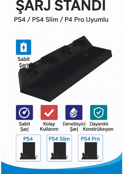 Ps4 / Ps4 Slim / Ps4 Pro Uyumlu Çift Kollu Şarj Standı – Dikey Konsol Standı ve Kol Şarj Istasyonu