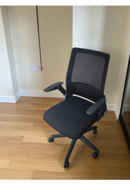 Katlanır Kollu Çalışma Sandalyesi MONTAJLI | Ofis ve Bilgisayar Koltuğu | Siyah Kol Siyah Kumaş