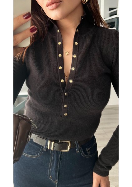 Acı Kahve Dik Yaka Çıtçıtlı Fitilli Triko Kazak fiyatları