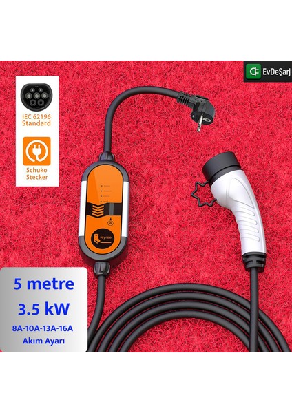5 Metre Ev Prizi Elektrikli Araç Şarj Cihazı - 3.5 Kw - Tip 2 - Taşınabilir Şarj Cihazı