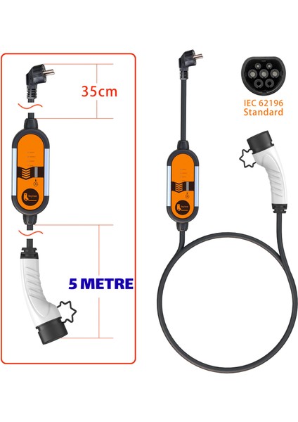 5 Metre Ev Prizi Elektrikli Araç Şarj Cihazı - 3.5 Kw - Tip 2 - Taşınabilir Şarj Cihazı fiyatları