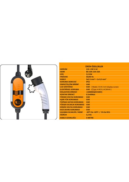 5 Metre Ev Prizi Elektrikli Araç Şarj Cihazı - 3.5 Kw - Tip 2 - Taşınabilir Şarj Cihazı