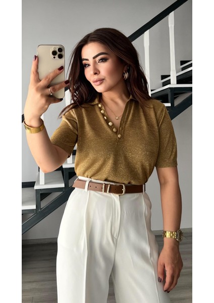 Gold Düğmeli Simli Kısa Kol Triko Bluz modelleri