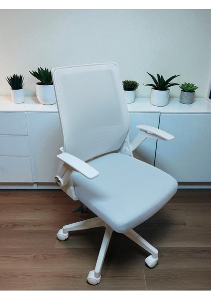 Katlanır Kollu Çalışma Sandalyesi MONTAJLI | Ofis ve Bilgisayar Koltuğu | Beyaz Kol Beyaz Kumaş