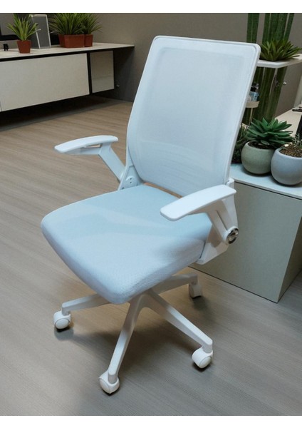 Katlanır Kollu Çalışma Sandalyesi MONTAJLI | Ofis ve Bilgisayar Koltuğu | Beyaz Kol Beyaz Kumaş modelleri