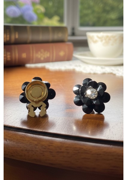 Yeni Trend Siyah Taşlı Kristal Çiçek Düğme Kapağı Broş 1 Adet - Black Diamond Bloom