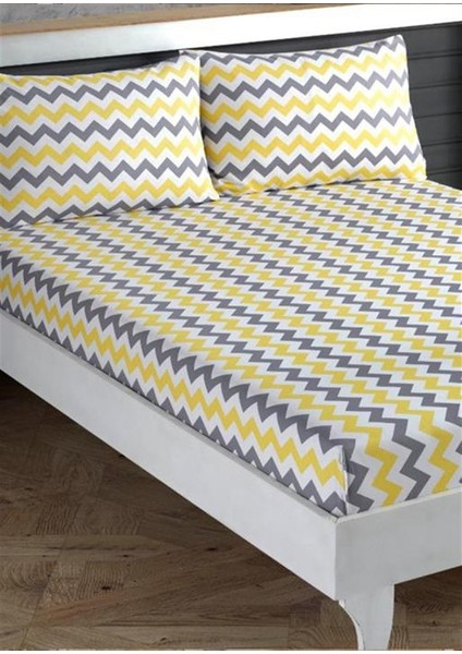 Tek Kişilik Pamuklu Lastikli Çarşaf Zikzaklı Sarı Beyaz