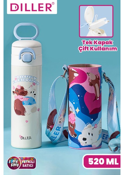 Dıller 520 ml Kılıflı Tek Kapak Çift Kullanım Pipetli/pipetsiz Taşıma El Askılı Vacum Cup/çelik Termos -D9338ML520