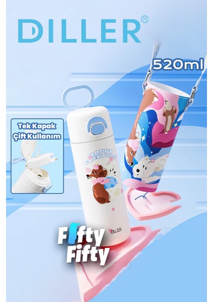 Dıller 520 ml Kılıflı Tek Kapak Çift Kullanım Pipetli/pipetsiz Taşıma El Askılı Vacum Cup/çelik Termos -D9338ML520 modelleri