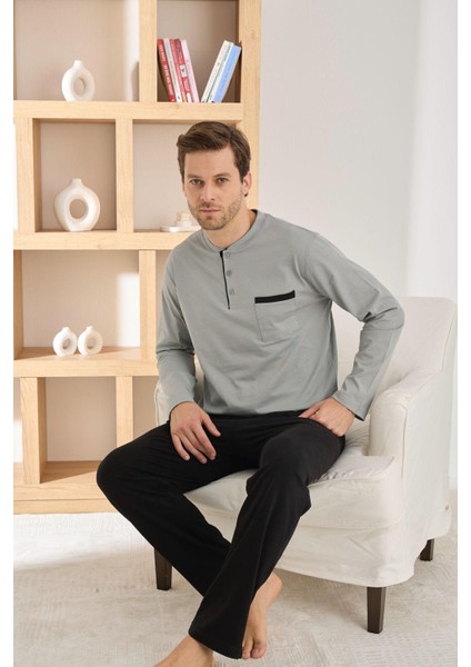Pijamoni Erkek %100 Pamuk Penye Mevsimlik Uzun Kollu Pijama Takımı 6842
