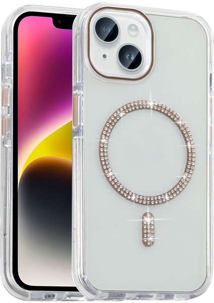 iPhone 13 Kılıf Taşlı Tasarım M-Safe Şarj Özellikli Zore Koment Silikon Kapak - Gold